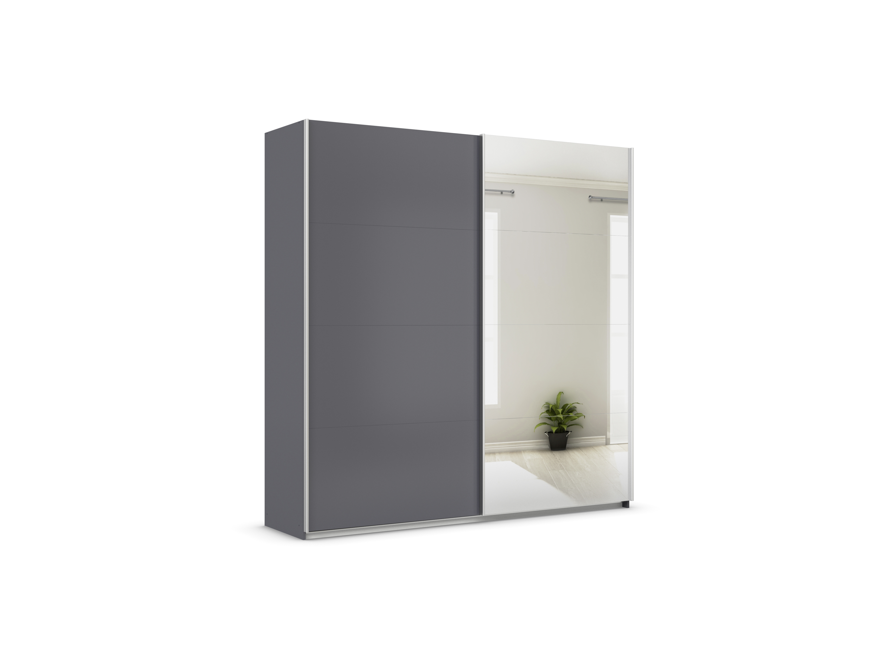 RAUCH ORANGE Quadra Schwebetürenschrank mit Spiegelelementen (Premium-Zubehör, Korpus: Graumetallic, 226 x 230 cm)