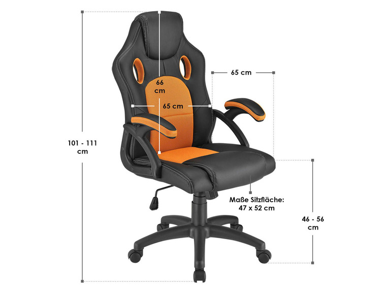 Schwarzer und orangefarbener Gaming-Bürostuhl mit Rollen.