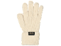 Cremefarbene Strickhandschuhe mit schwarzem Logo am Bündchen.