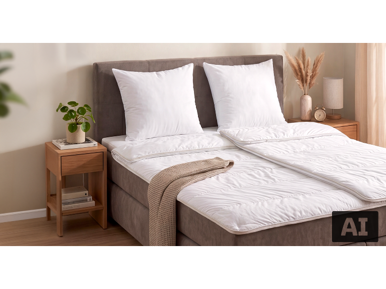 Bett mit weißer Bettdecke und Kissen, Nachttische aus Holz mit Pflanzen und Dekorationen.