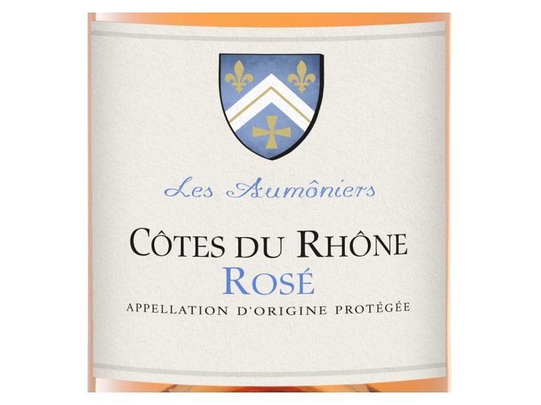 Les Aumôniers Côtes du Rhône Rosé AOP trocken Weinetikett mit Wappen.