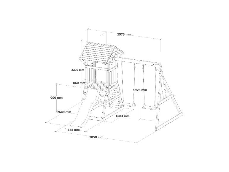 Hölzerner Spielturm mit Rutsche und Schaukeln, Maße 2850x2649x2573 mm.