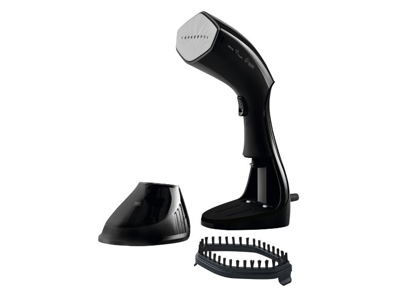 Schwarzes Hand-Dampfbügeleisen mit Zubehör für Kleidung.