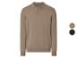 Braunes Langarm-Poloshirt mit Knöpfen und zwei Farbmustern: Braun und Dunkelblau.