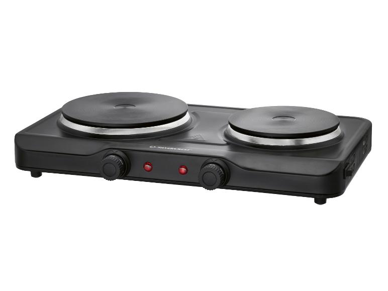Schwarze Doppel-Elektrokochplatte mit zwei Kochfeldern und Bedienknöpfen