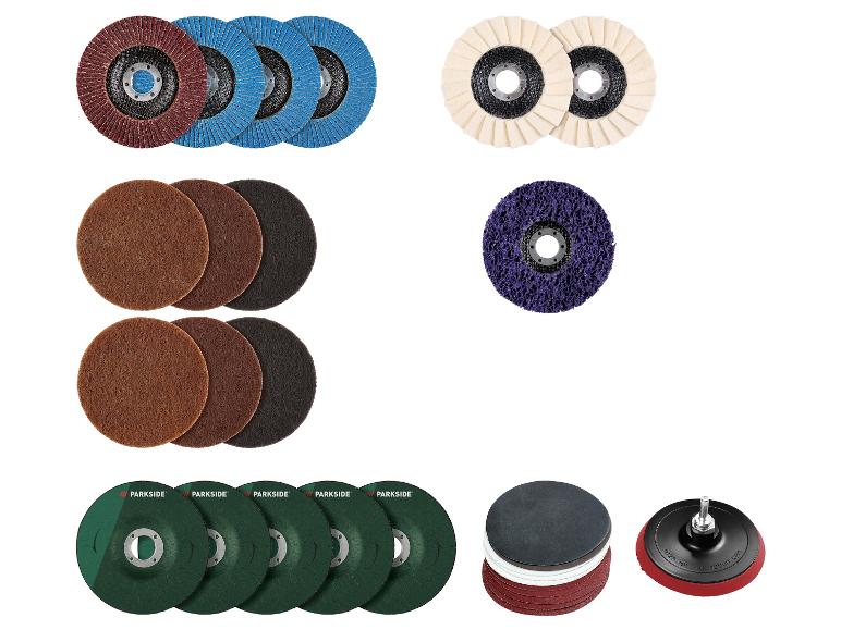 Set aus Schleif- und Polierscheiben in verschiedenen Farben und Größen, mit Halterung.