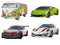 Vier 3D-Auto-Puzzles: ein VW-Bus, ein grüner Lamborghini und zwei Porsche.