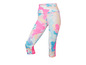 Eine pinkfarbene und blaue Leggings mit einem abstrakten Muster.