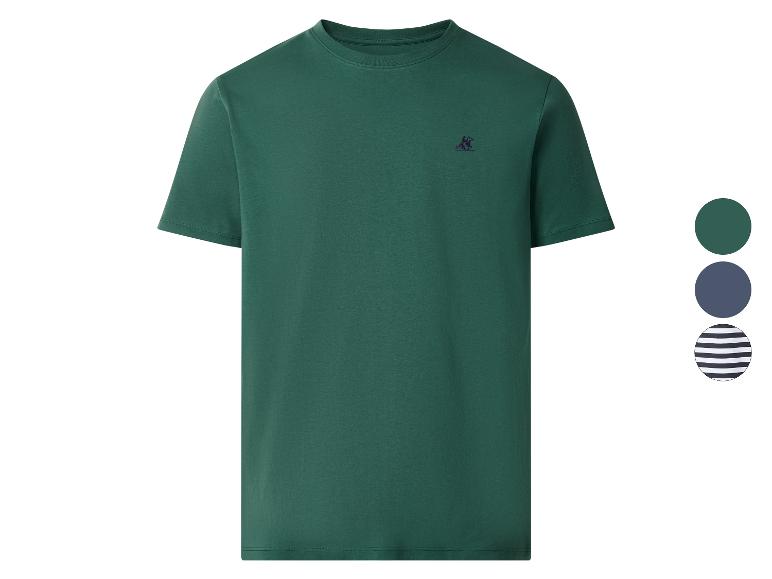 Grünes Kurzarm-T-Shirt mit kleinem gesticktem Logo und Farbmustern.
