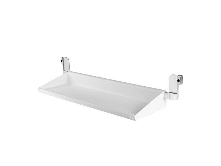 Weißes Metallregal mit zwei silberfarbenen Halterungen, schräg zur Präsentation.