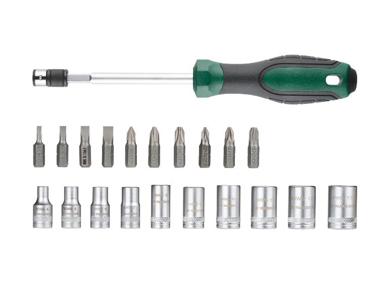 Schraubendreher-Set mit verschiedenen Bits und Steckschlüsseln, inklusive Schlitz, Phillips und Pozidriv.
