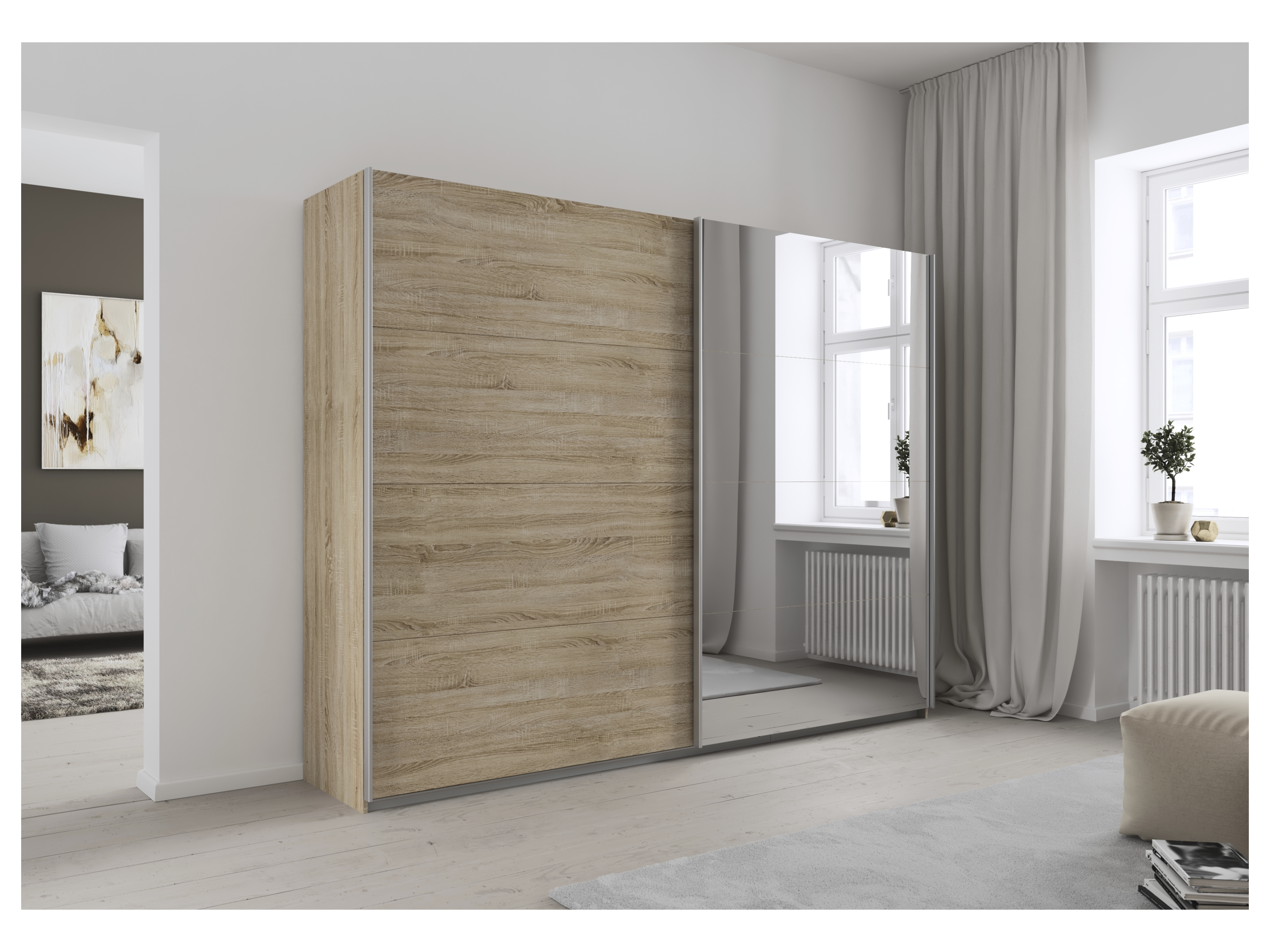RAUCH ORANGE Quadra Schwebetürenschrank mit Spiegelelementen (Basic-Zubehör, Korpus: Eiche, 271 x 210 cm) – Bild 2 von 4