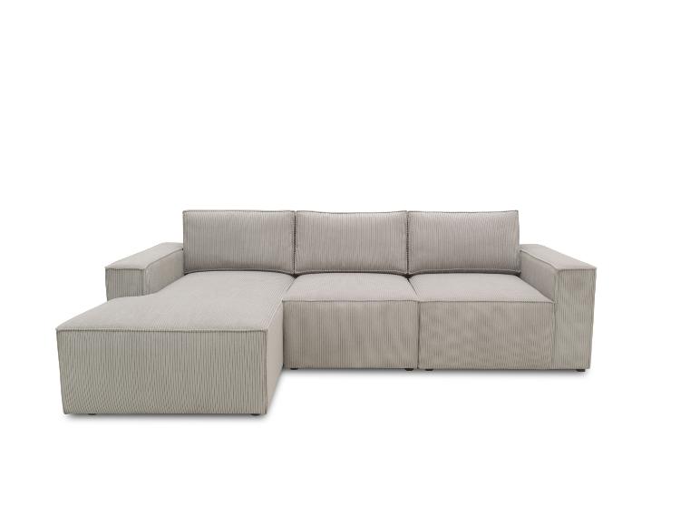 Modulares 4-Sitzer-Sofa mit Chaiselongue, bezogen mit hellgrauem Cordstoff.