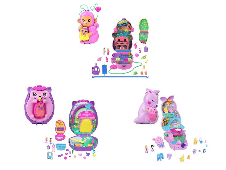 Drei kompakte Spielsets mit Tiermotiven, darunter Affen, Igel und Kängurus.