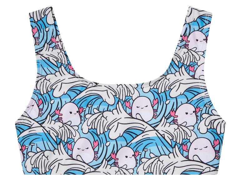 Kawaii Axolotl Bikini-Oberteil, blaue Wellen.