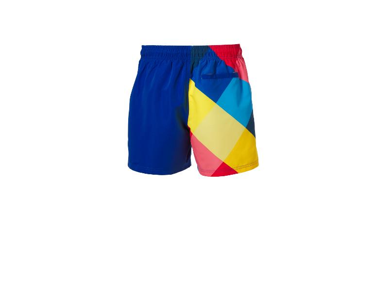 Badeshorts mit geometrischem Muster in Blau, Gelb und Rot.