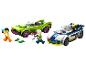 Lego City Set mit grünem Sportwagen, Polizeiauto und zwei Minifiguren.