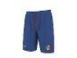 Dunkelblaue Shorts mit orangefarbenem Kordelzug und farbigem Logo am Bein.