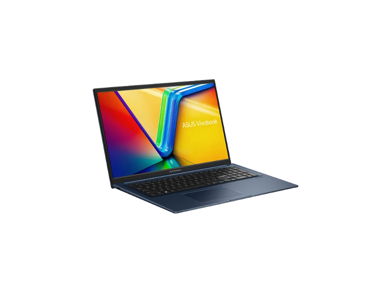 Blaues ASUS Vivobook X1704VA Notebook mit farbigem Hintergrundbild auf dem Bildschirm.