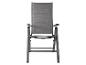 Grauer Klappstuhl aus Aluminium und Stoff.