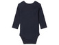 Ein dunkelblauer Baby-Body mit langen Ärmeln.