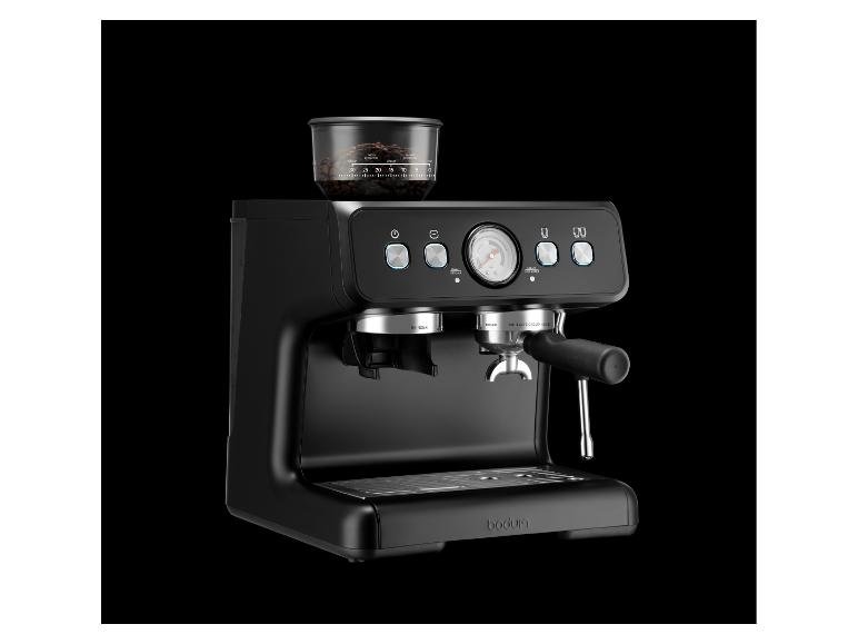 Schwarze Kaffeemaschine mit integrierter Mühle und Espressomanometer.