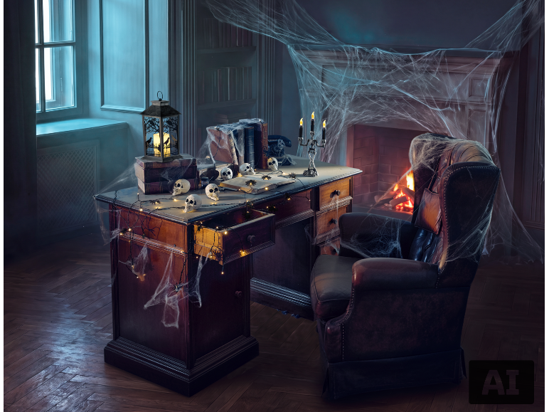 Halloween-Arbeitszimmer mit Schreibtisch, Stuhl, Kamin und gruseligen Dekorationen wie Totenköpfen und Spinnweben.