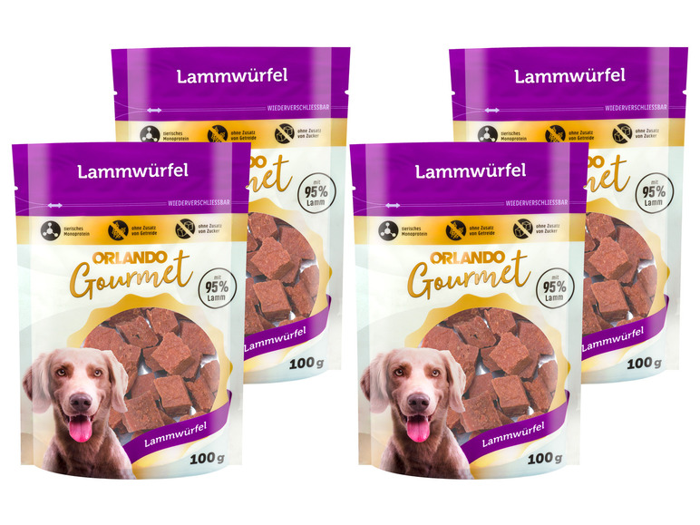 Gehe zu Vollbildansicht: ORLANDO Gourmet Hundesnack Lammwürfel, 4 x 100 g - Bild 1