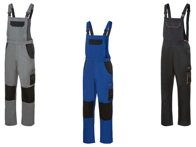 Drei Arbeitshosen mit Trägern in Grau, Blau und Schwarz.