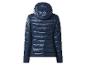 Dunkelblaue glänzende Steppjacke mit Kapuze, Rückansicht.