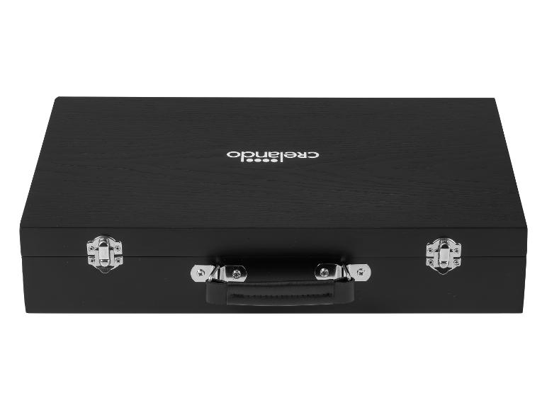 Schwarzer Holzkoffer Crelando mit Metallverschlüssen und Ledergriff