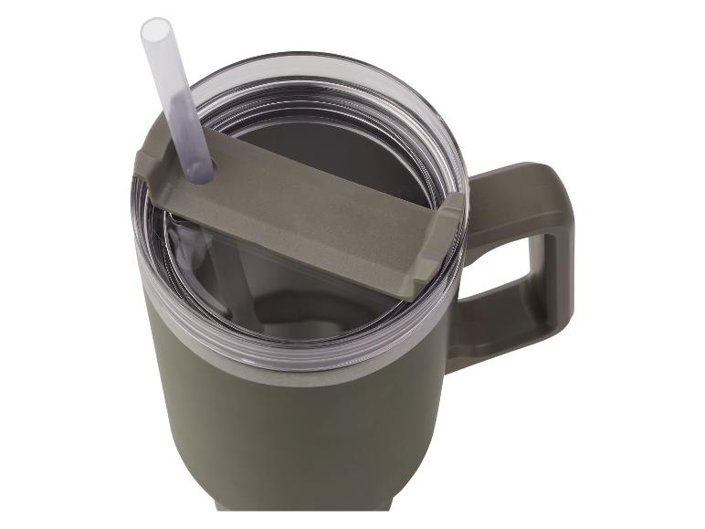 Eine grüne Thermoskanne mit Deckel und Strohhalm.