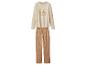 Beiges Langarm-Pyjamaoberteil mit 'Love to Sleep'-Text und Hose mit Blumenmuster.