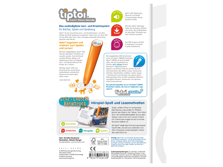 Rückseite der Verpackung des Ravensburger tiptoi® Lese-Lausch-Abenteuers mit Produktinfos.