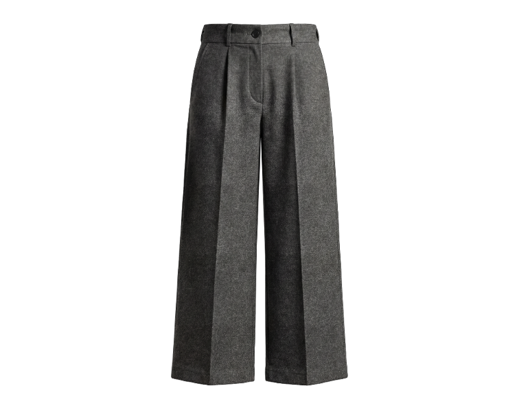 Graue weite Hose mit Bundfalten und hohem Bund.