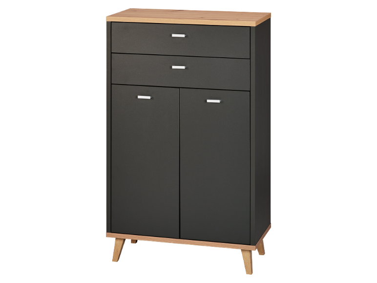 Moderne dunkelgraue Kommode mit Schubladen und Türen, mit heller Holzplatte und Beinen