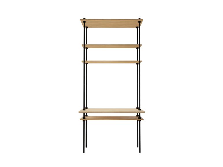 Holzregal mit schwarzen Metallrahmen auf weißem Hintergrund