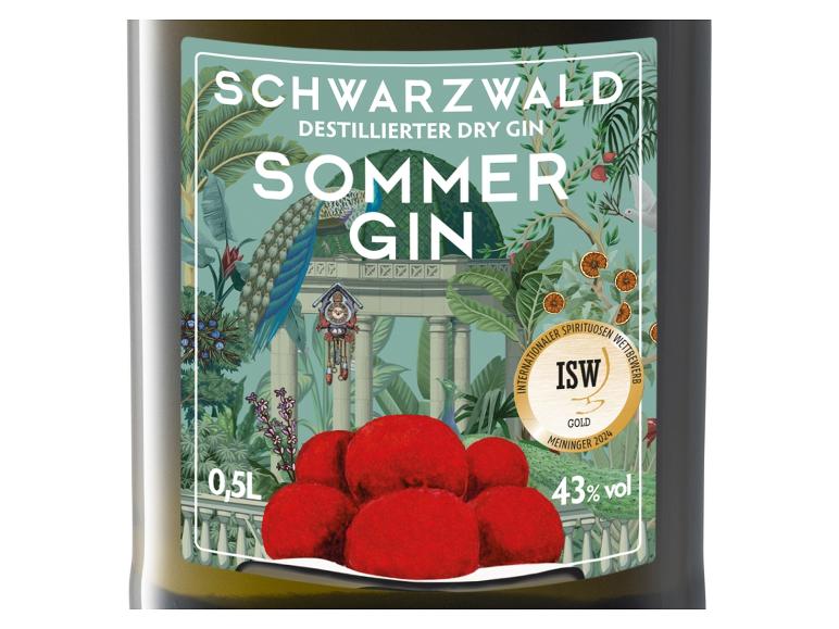 Gin-Flaschenetikett mit tropischer Gartenillustration, Text „Sommer Gin“, 0,5L, 43% vol und Goldmedaille.