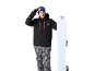 Mann in schwarzer Skijacke und gemusterter Skihose hält ein Snowboard.