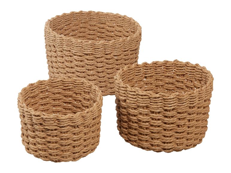 Drei runde geflochtene Weidenkörbe in verschiedenen Größen.