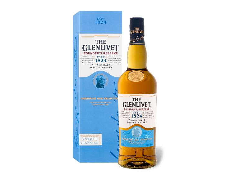 Flasche Single Malt Whisky und blaue Verpackung, mit der Aufschrift „Founder's Reserve“.