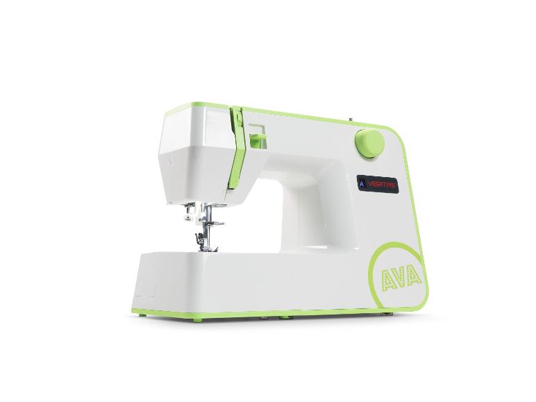Weiße und grüne Nähmaschine mit „AVA“-Schriftzug auf der Vorderseite.