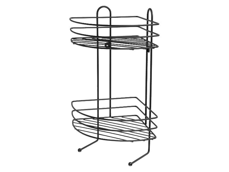 Ein schwarzes zweistöckiges Eckduschregal auf weißem Hintergrund.