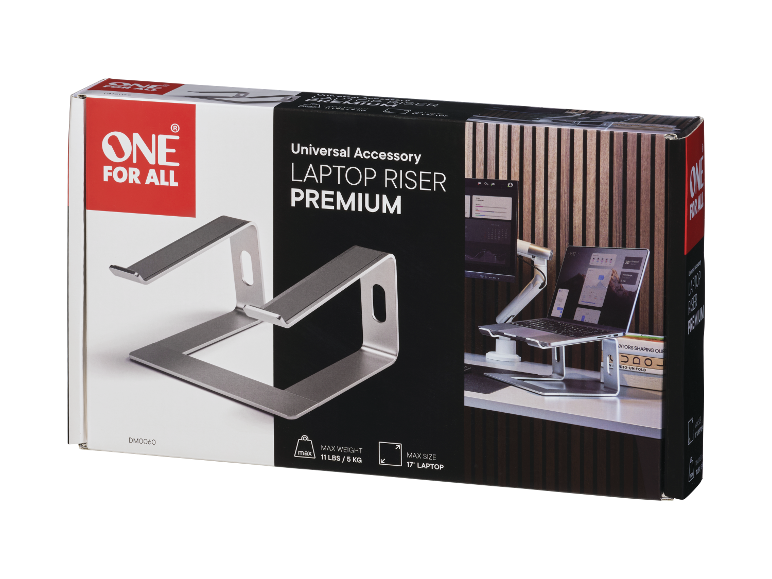 Verpackung für einen Laptop-Ständer mit Produktbild und Spezifikationen.