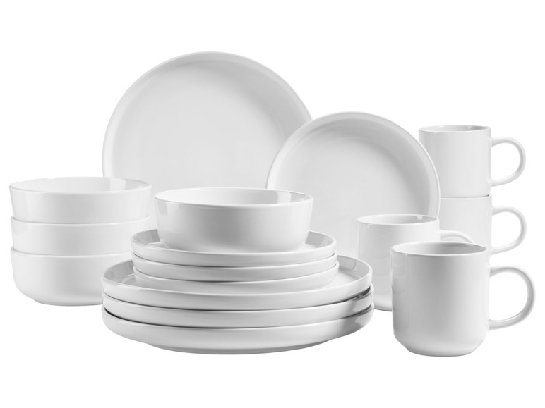 Weißes Geschirr mit Tellern, Schalen und Bechern