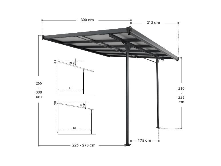 Gartenpergola mit den Maßen 300x313 cm und verstellbarer Höhe von 210-300 cm.