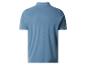 Blaues Kurzarm-Poloshirt mit weißen Streifen an Kragen und Ärmeln, Rückansicht.