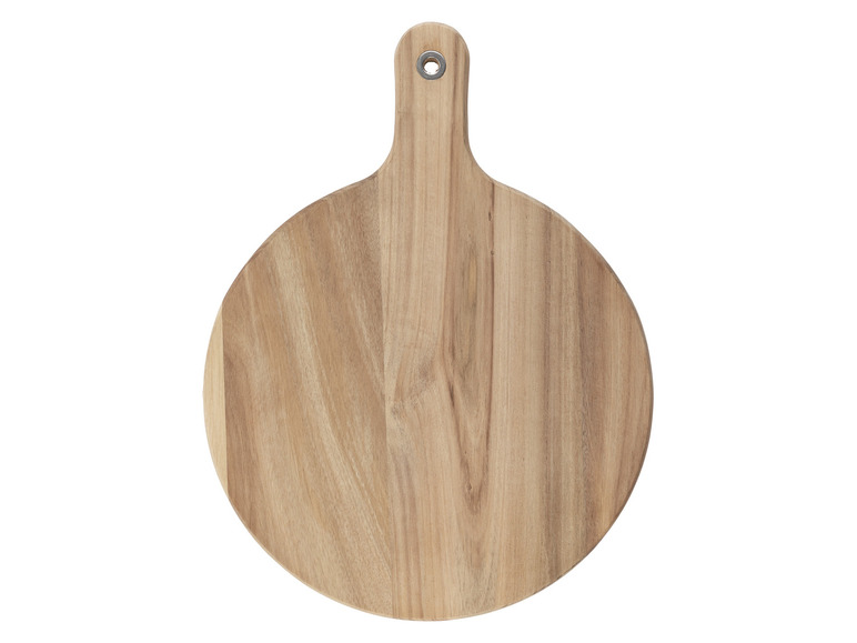 Ein rundes Holz-Schneidebrett mit Griff.