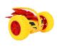 Ein gelbes und rotes Spielzeugauto mit großen Rädern