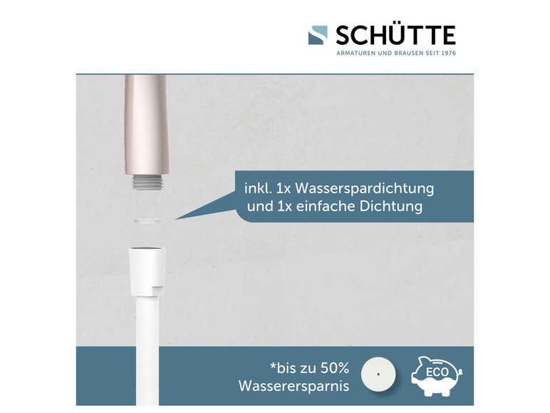 Ein Duschkopf von Schütte mit Wasserspareffekt.